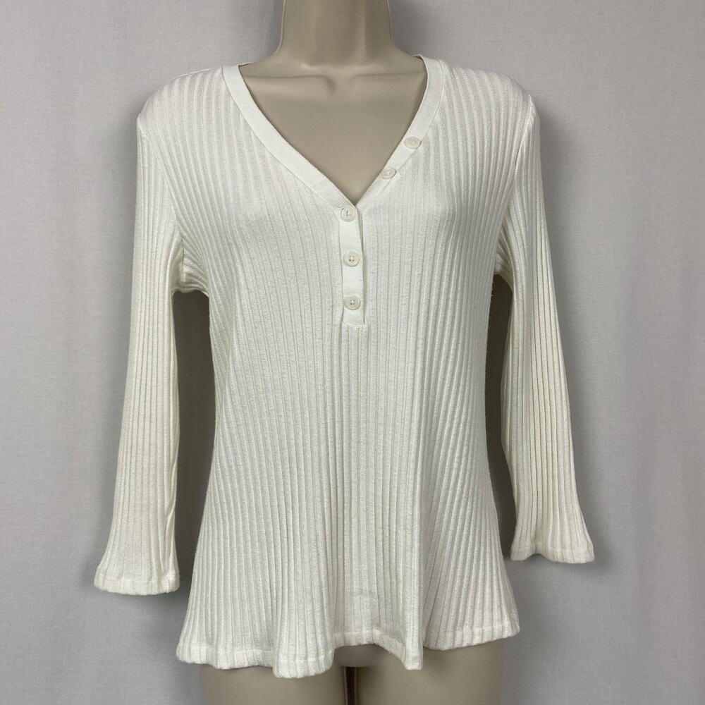 Liverpool Henley Sweater Women Medium Beige Ribbed Knit Soft Stretch Retro 90s‎